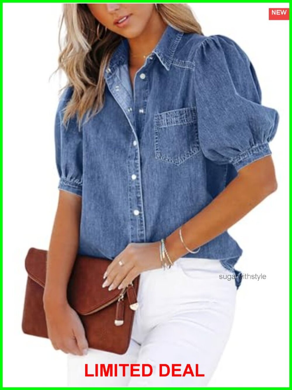 Washed Distressed Denim Shirt Puff Sleeve Snap Button Down Casual